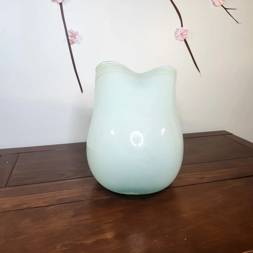 Global Views Seafoam Celadon Art Glass Tilted Asymmetrical Ruffled Vase 12inches